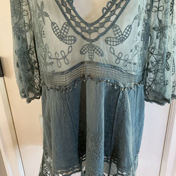 Womens Green Lace Swimsuit Coverup Embroidered V-Neck Eomenie One Size Dress Top - Picture 4 of 12